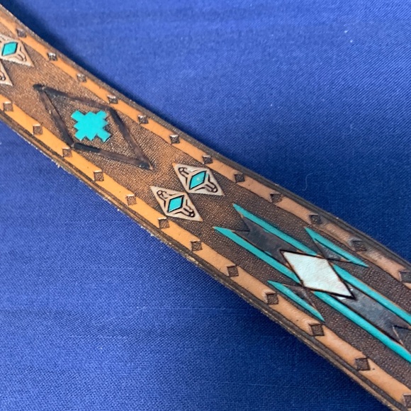 Butterfly Turquoise Coral Mother of Pearl Belt Buckle with Belt - Picture 5 of 12